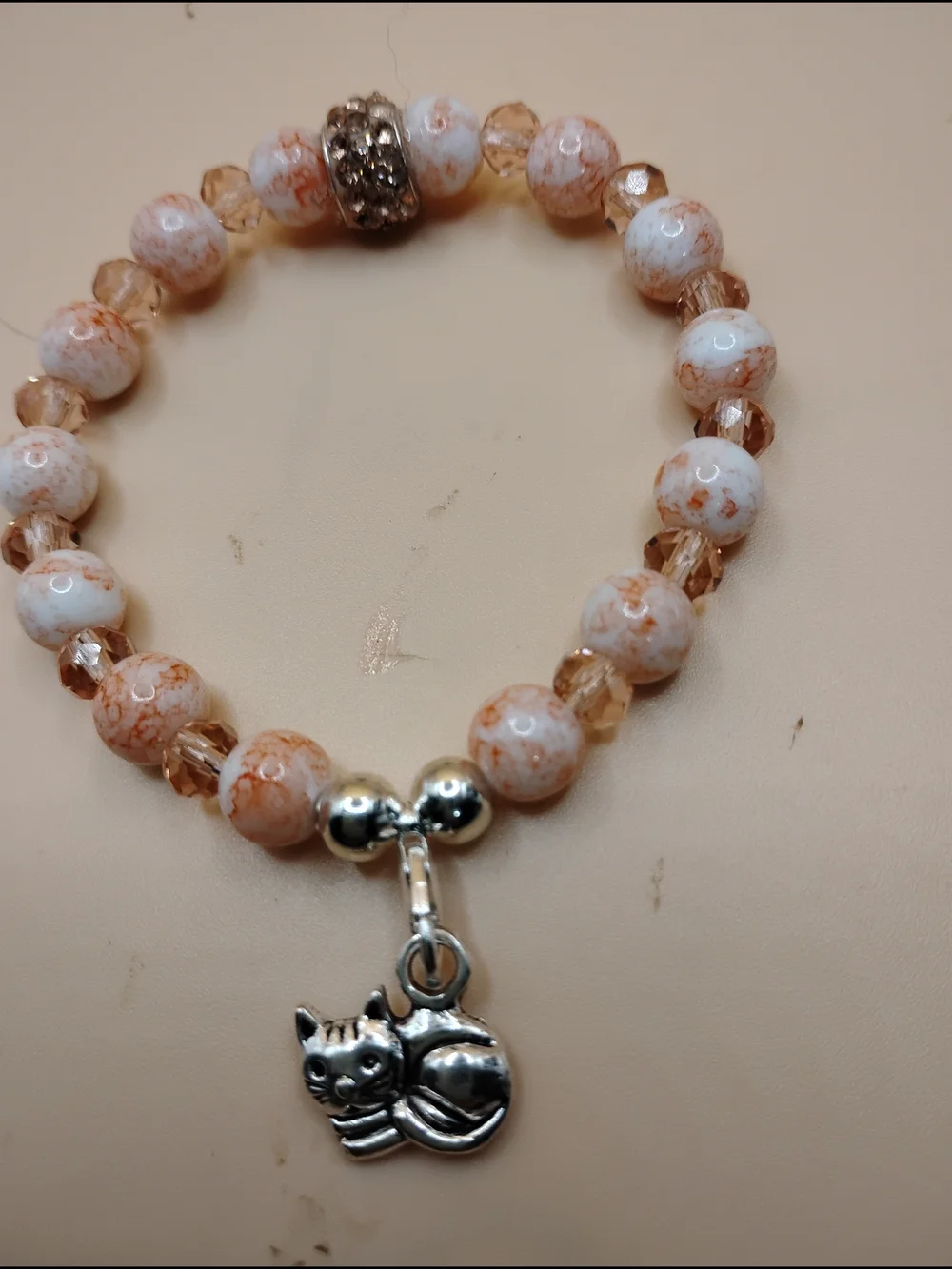 Peach & White Beaded Stretch Bracelet with Cat Charm